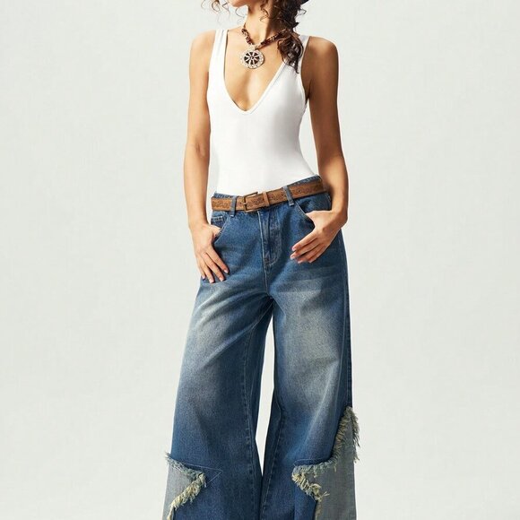 Medium Wash Casual Women's Boho Wide-Leg Jeans - Picture 7 of 7